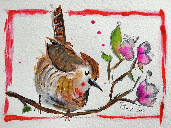 Wren Bird Art Print featuring the painting Wren in a Cherry Blossom Tree by Roxy Rich
