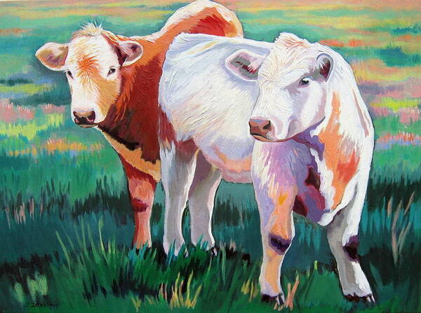 Cows Art Print featuring the painting Young Cows by Shirley Galbrecht