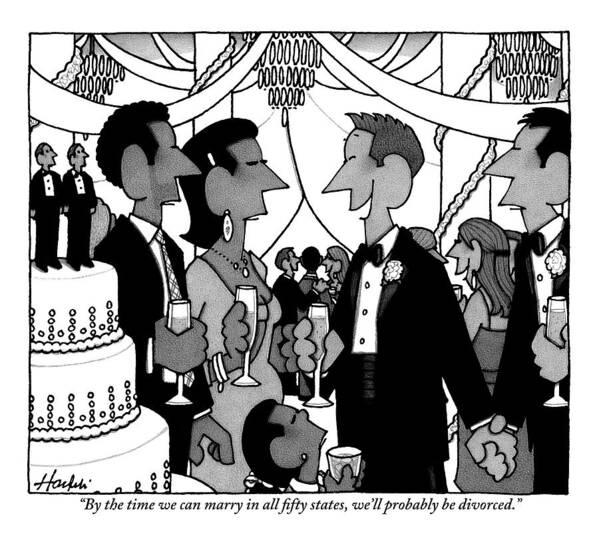 A Gay Couple Speaks To A Heterosexual Couple At A Dinner Party. Art Print featuring the drawing A Gay Couple Speaks To A Heterosexual Couple by William Haefeli