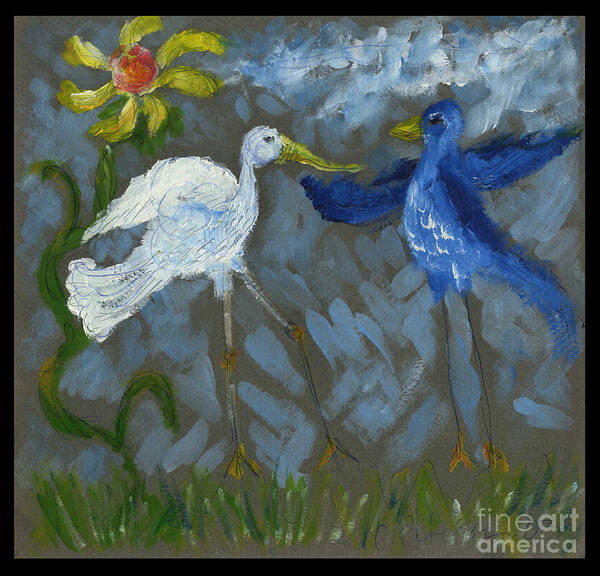 White Blue Birds Dove Jay Sunflower Grass Cathy Peterson Art Print featuring the painting A pair of Birds in Paradise by Cathy Peterson