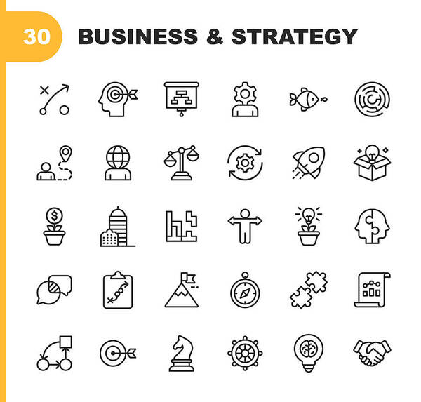 Expertise Art Print featuring the drawing Business Strategy Line Icons. Editable Stroke. Pixel Perfect. For Mobile and Web. Contains such icons as Brainstorming, Bussiness Strategy, Business Consulting, Communication, Corporate Development. by Rambo182