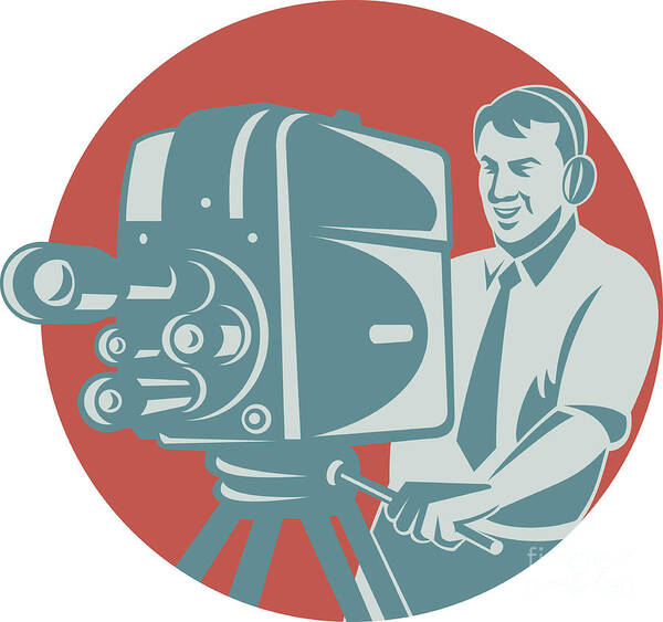 Cameraman Art Print featuring the digital art Cameraman Filming With Vintage TV Camera by Aloysius Patrimonio