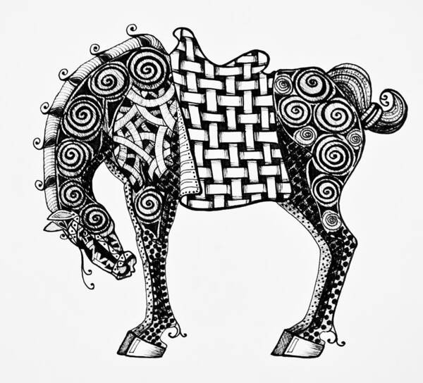 Chinese Art Print featuring the drawing Chinese Horse - Zentangle by Jani Freimann