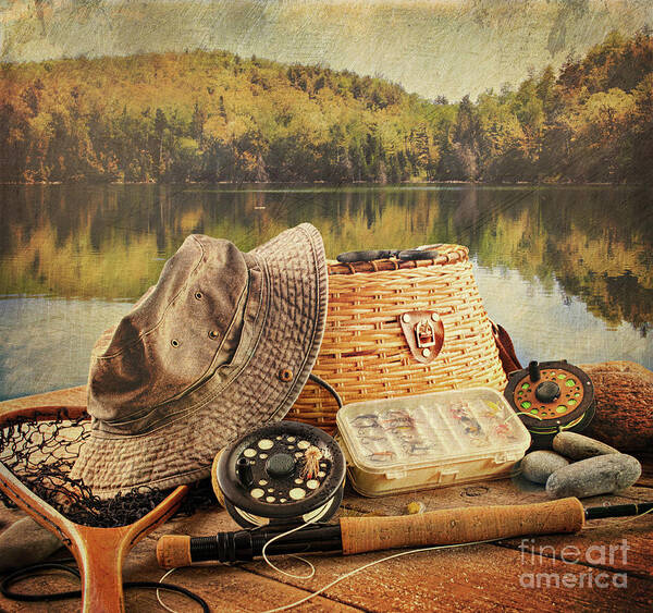 Activity Art Print featuring the photograph Fly fishing equipment with vintage look by Sandra Cunningham