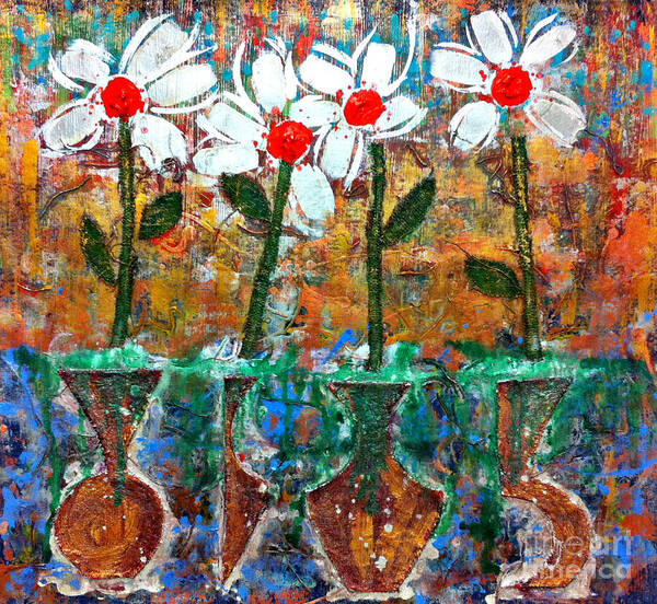 Cleaster Cotton Art Print featuring the painting Four Flowers Four Vessels by Cleaster Cotton