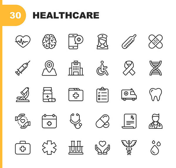Ambulance Art Print featuring the drawing Healthcare Line Icons. Editable Stroke. Pixel Perfect. For Mobile and Web. Contains such icons as Hospital, Doctor, Nurse, Medical help, Dental by Rambo182