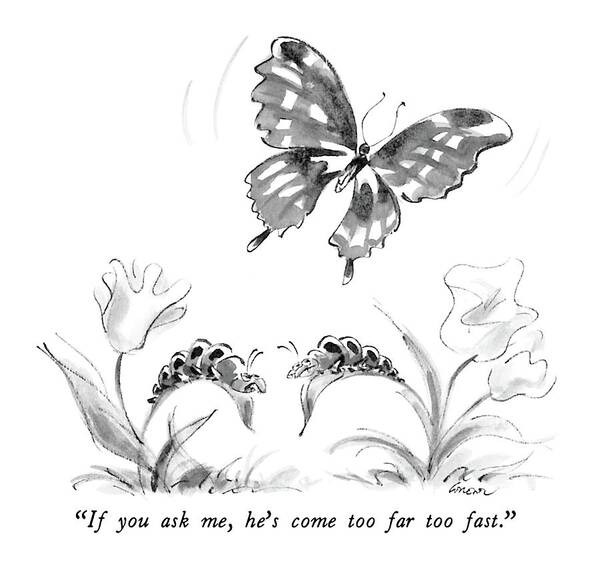 

 One Caterpillar To Another About A Butterfly Overhead. Animals Art Print featuring the drawing If You Ask by Lee Lorenz