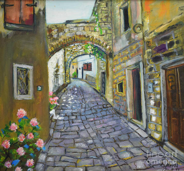 Raija Merila Art Print featuring the painting Street View In Pula by Raija Merila