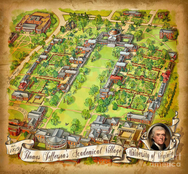 University Of Virginia Art Print featuring the painting University of Virginia Academical Village with scroll by Maria Rabinky