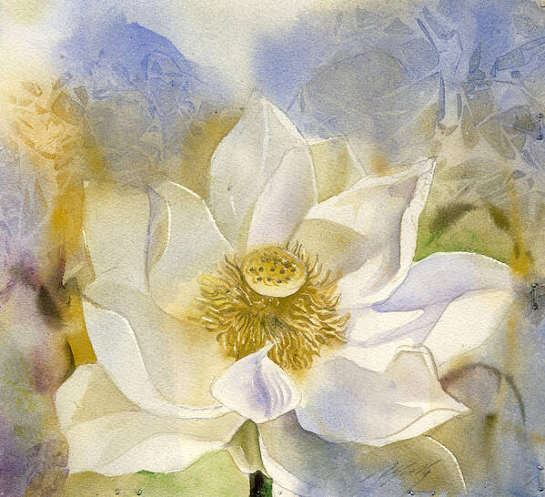 White Lotus With Blue Art Print featuring the painting White Lotus With Blue by Alfred Ng