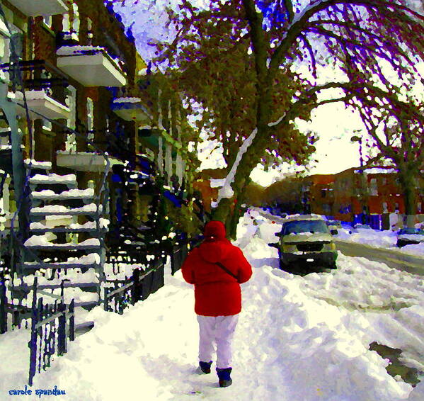 Montreal Art Print featuring the painting Winter Walk Streets Of Verdun Urban City Scene December Montreal Staircase Art Carole Spandau by Carole Spandau