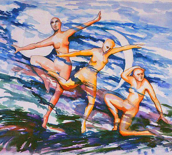 Figures In Motion Art Print featuring the painting Balancing in the Moonlight by Nancy Wait