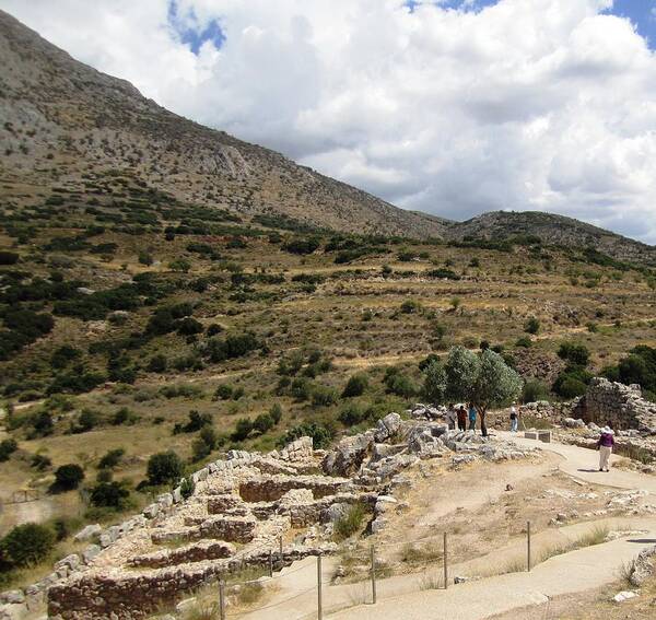 Mycenaean Art Print featuring the photograph Beautiful Mountain Range View of the Ancient Hilltop and Archeological Remains in Mycenae Greece by John Shiron