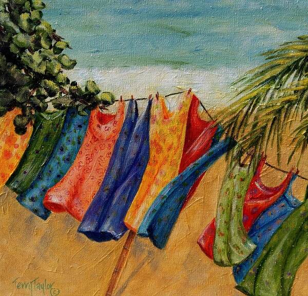Beach Art Print featuring the painting Laundry Day at the Beach by Terry Taylor