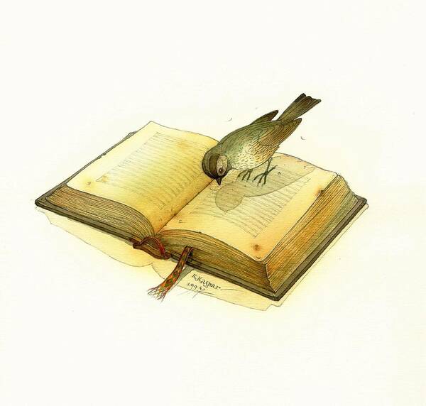 Book Bird Art Print featuring the painting Bird and Book by Kestutis Kasparavicius