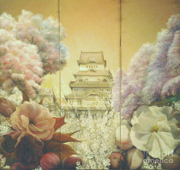 Japanese Painting Art Print featuring the painting Castle Himeji - Sakura by Sorin Apostolescu