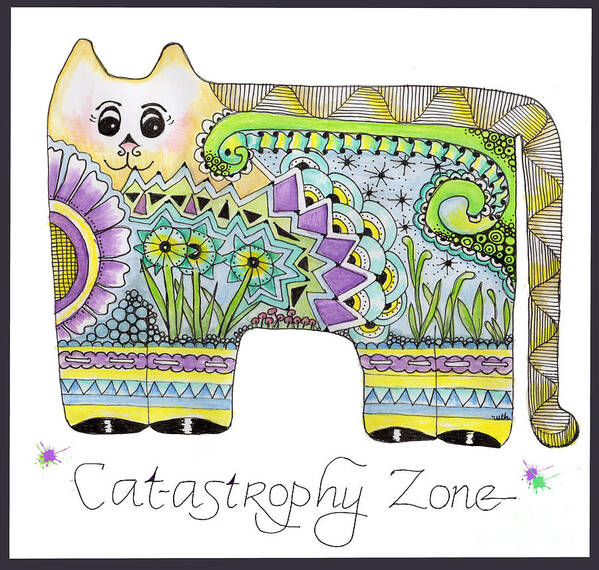 Kitty Cat Zentangle Doodle Flowers Geometric Art Print featuring the tapestry - textile Catastrophy Zone by Ruth Dailey