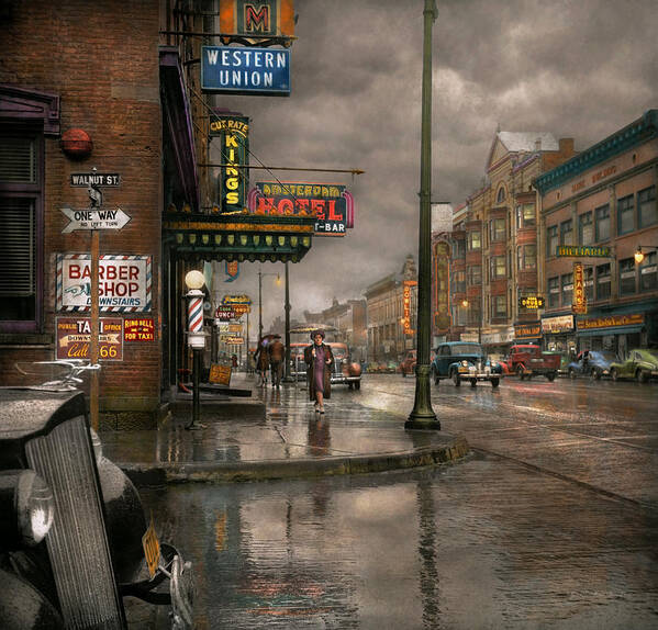 Colorized Art Print featuring the photograph City - Amsterdam NY - Call 666 for Taxi 1941 by Mike Savad