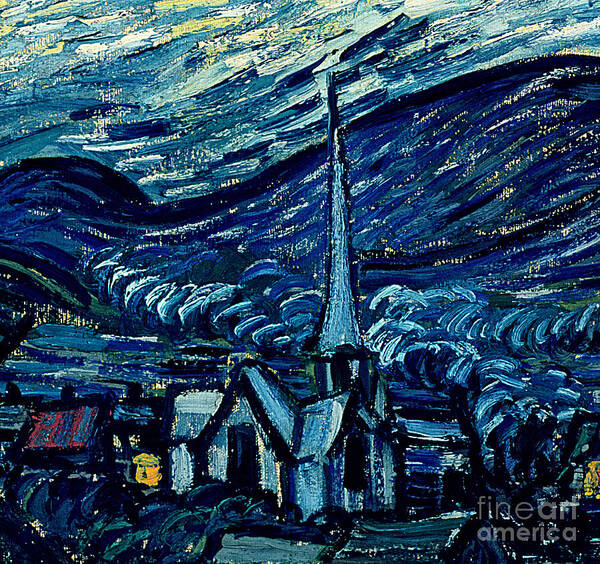 Post-impressionist;stars;star;nocturne;landscape;church Spire;moon;moonlight;tree;sky;cosmic;st;remy;provence;french;saint-remy;post-impressionism Art Print featuring the painting Detail of The Starry Night by Vincent Van Gogh