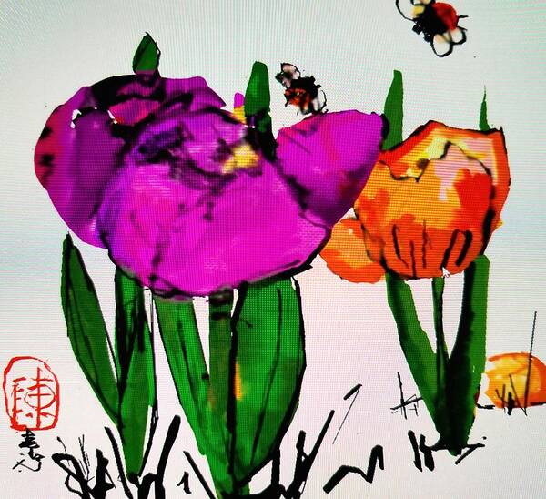 Flowers. Tulip. Bees. Colorful Art Print featuring the digital art Easter flowers by Debbi Saccomanno Chan