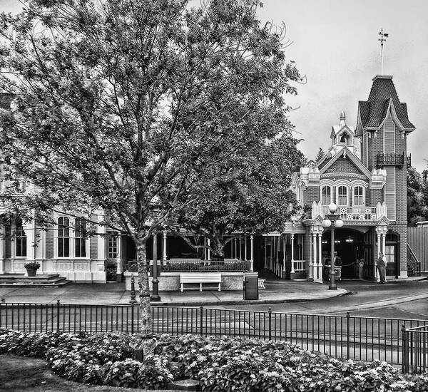 Black And White Art Print featuring the photograph Fire Station Main Street in Black and White Walt Disney World MP by Thomas Woolworth