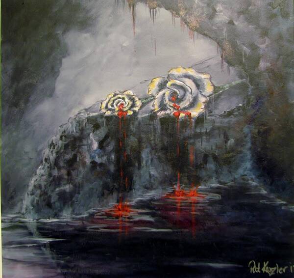 White/dying Roses; Tears Of Blood; Foggy Grotto Art Print featuring the painting Gaia's Tears by Patricia Kanzler