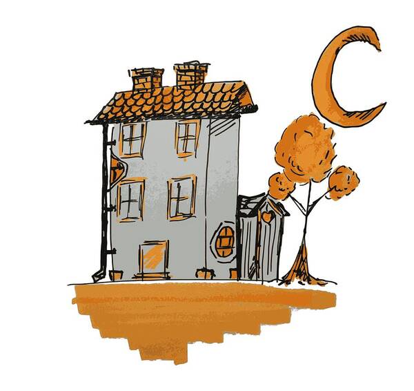 House Art Print featuring the digital art House and moon by Piotr Dulski