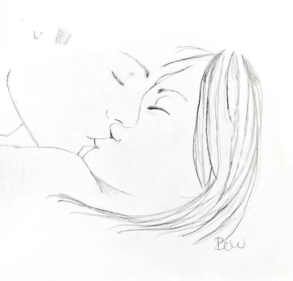 Couple Art Print featuring the drawing Kiss me goodnight without quote by Rebecca Wood