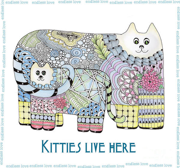 Kitties Cat Zentangle Doodles Art Print featuring the tapestry - textile Kitties Live Here by Ruth Dailey