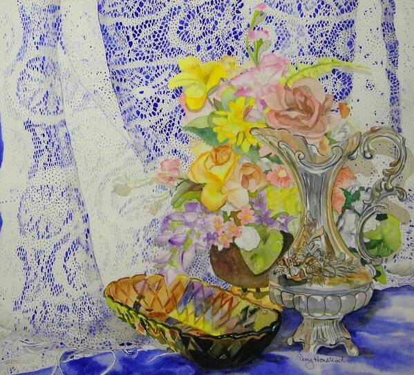 Still Life Art Print featuring the painting Lace and Flowers by Terry Honstead