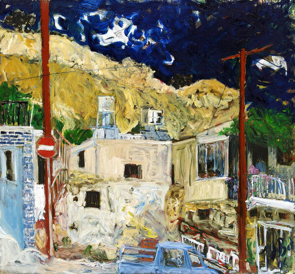Village Houses Traffic Sign Telephone Cables Van Mountain Dark Sky Art Print featuring the painting Pissouri Village by Joan De Bot