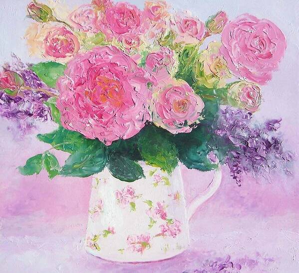Roses Art Print featuring the painting Roses in a pink floral jug by Jan Matson