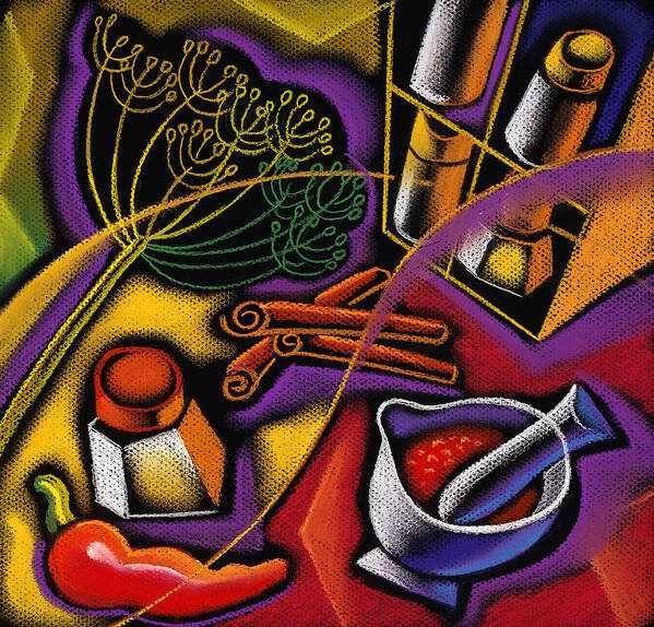 Chili Chilli Chives Choice Cinnamon Collage Color Image Cook Cooking Culinary Different Fennel Flavor Flavour Food Food Preparation Herb Herbs And Spices Illustration Ingredient Kitchen Lavender Mortar Nobody Oregano Organic Painted Image Painting Pestle Preparation Recipe Seasoning Spice Spice Rack Spicy Square Image Star Anise Star Aniseed Thyme Vanilla Variety Various Decorative Abstract Art Print featuring the painting Spice Art by Leon Zernitsky