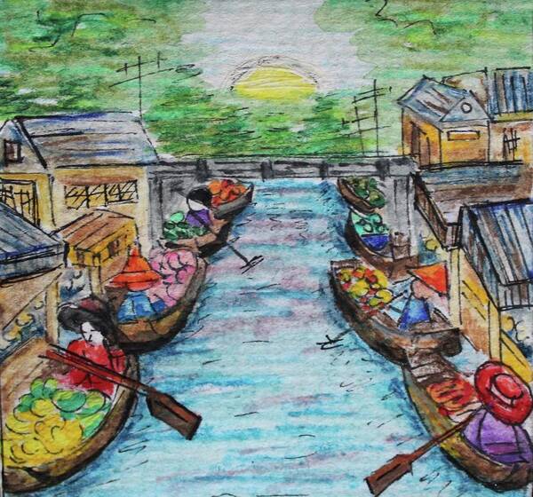 Painting Art Print featuring the painting The Floating Market by Art By Naturallic