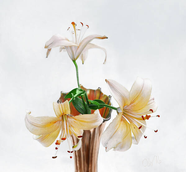 Lily Art Print featuring the photograph Three Pale Gold Lilies Still Life by Louise Kumpf