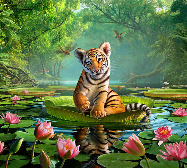 Most Popular Best Seller Tiger Dragonfly Turtle Frog Catfish Egret Duck Python Snake Swamp Marsh Water Reflection Lily Pads Flowers Trees Tropical Humid Misty India Asia Cute Adorable Sweet Playful Nibble Exotic Pond Ripples Morning Adventure Funny Humorous Colorful Nature Wildlife Tiger Cub Beautiful Stripes Art Print featuring the digital art Tiger Lily 1 by Jerry LoFaro