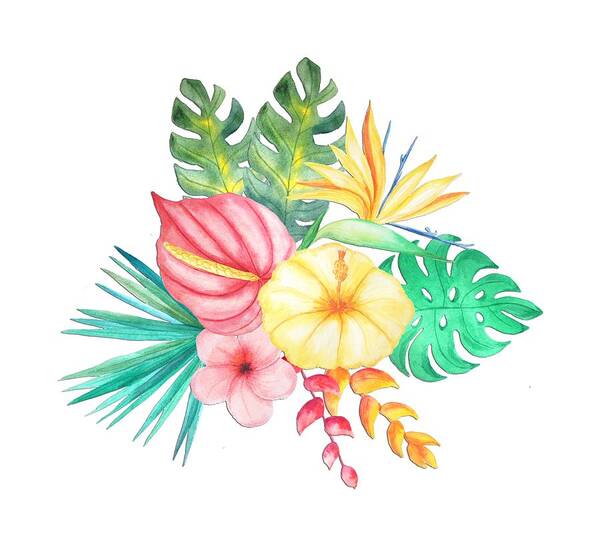 Delicate Art Print featuring the painting Tropical Watercolor Bouquet 6 by Elaine Plesser