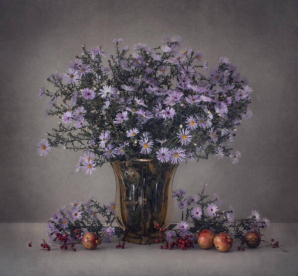 Still Life Art Print featuring the photograph Autumn Flowers And Pomegranates by Dimitar Lazarov - Dim