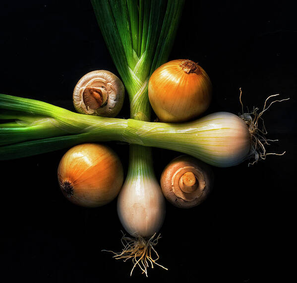 Black Background Art Print featuring the photograph Champs And Onions by Inigo Cia
