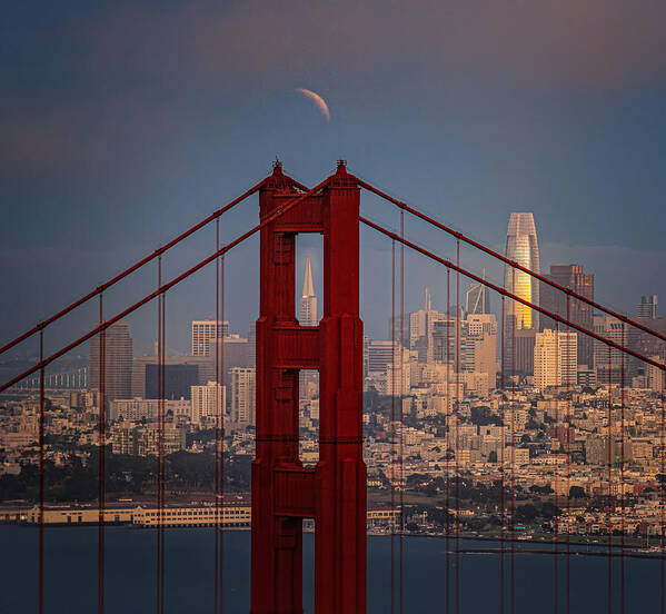 Lunar Eclipse; Golden Gate Bridge; Landscape; Travel; San Francisco; City; Art Print featuring the photograph Eclipse Over Golden Gate Bridge by April Xie