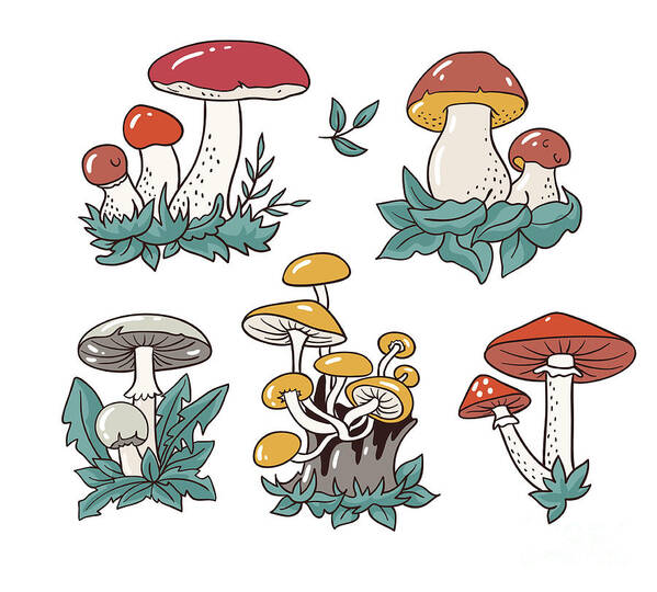 Art Art Print featuring the digital art Hand Drawn Set With Cartoon Mushroom by Utro na more