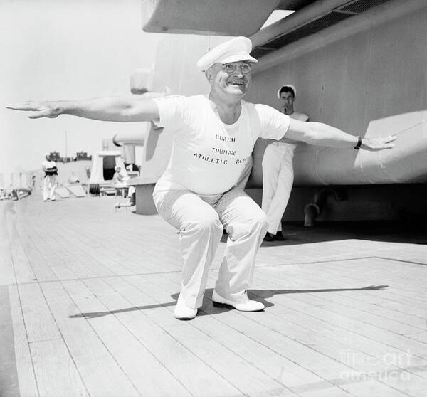 People Art Print featuring the photograph H.s. Truman Leading Calisthenics On Ship by Bettmann