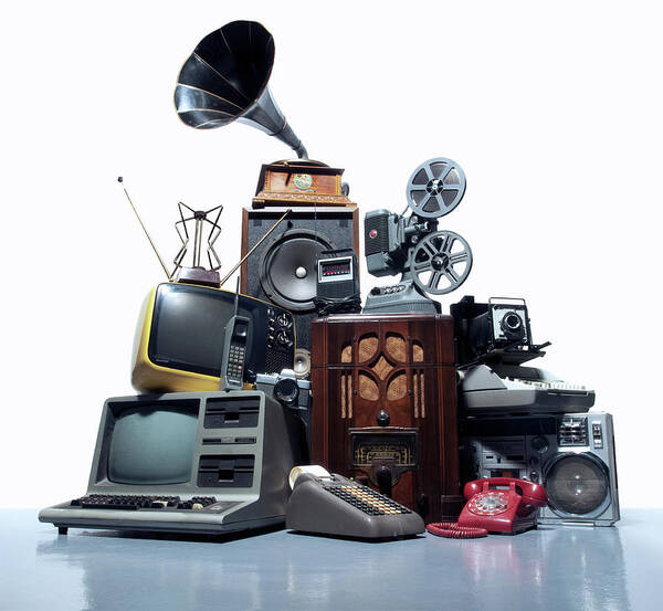 White Background Art Print featuring the photograph Pile Of Old Technology by Pm Images