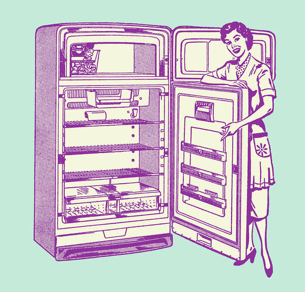 Appliance Art Print featuring the drawing Smiling Woman Holding Open Refrigerator Door by CSA Images