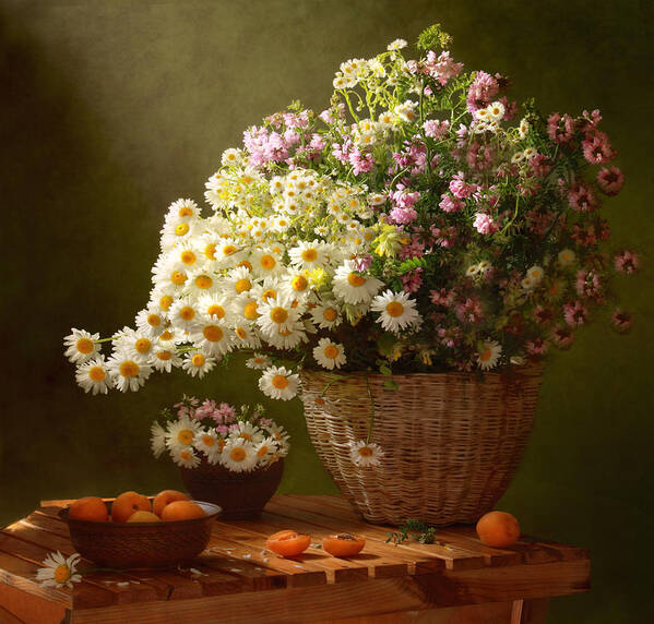 Still-life Art Print featuring the photograph Still Life With A Basket Of Wildflowers by ??????? ????????