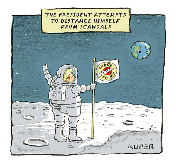 The President Attempts To Distance Himself From Scandals Art Print featuring the drawing The President Attempts to Distance Himself by Peter Kuper