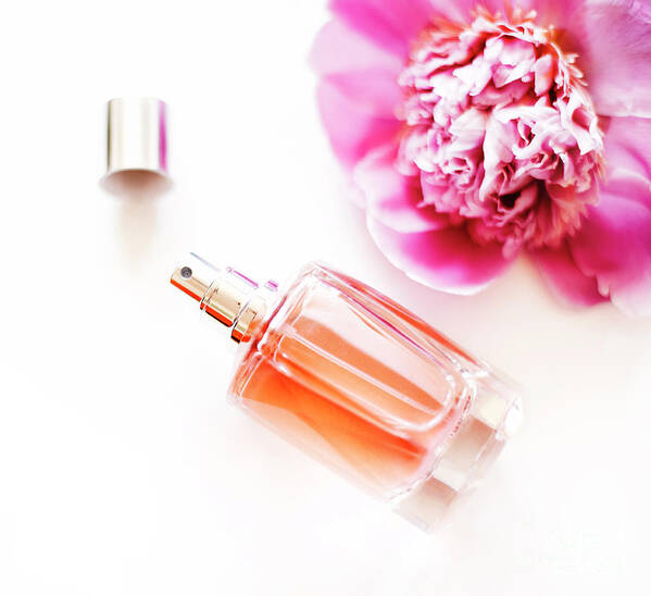 Perfume Art Print featuring the photograph Top view of luxury perfume bottle and pink peony flower on white by Jelena Jovanovic