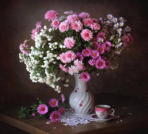 Pink Art Print featuring the photograph With A Bouquet Of Chrysanthemums by ??????? ????????