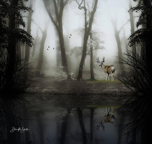 Buck Art Print featuring the digital art Buck In The Early Morning Woods by Diane Schuster