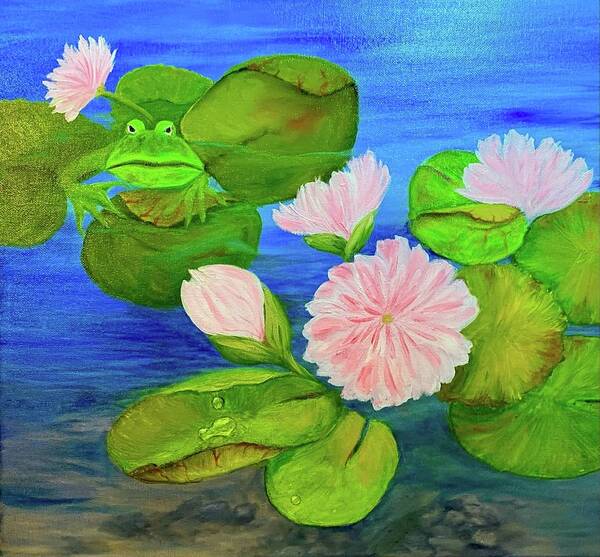  Art Print featuring the painting Frog among lilypads by Peggy Miller